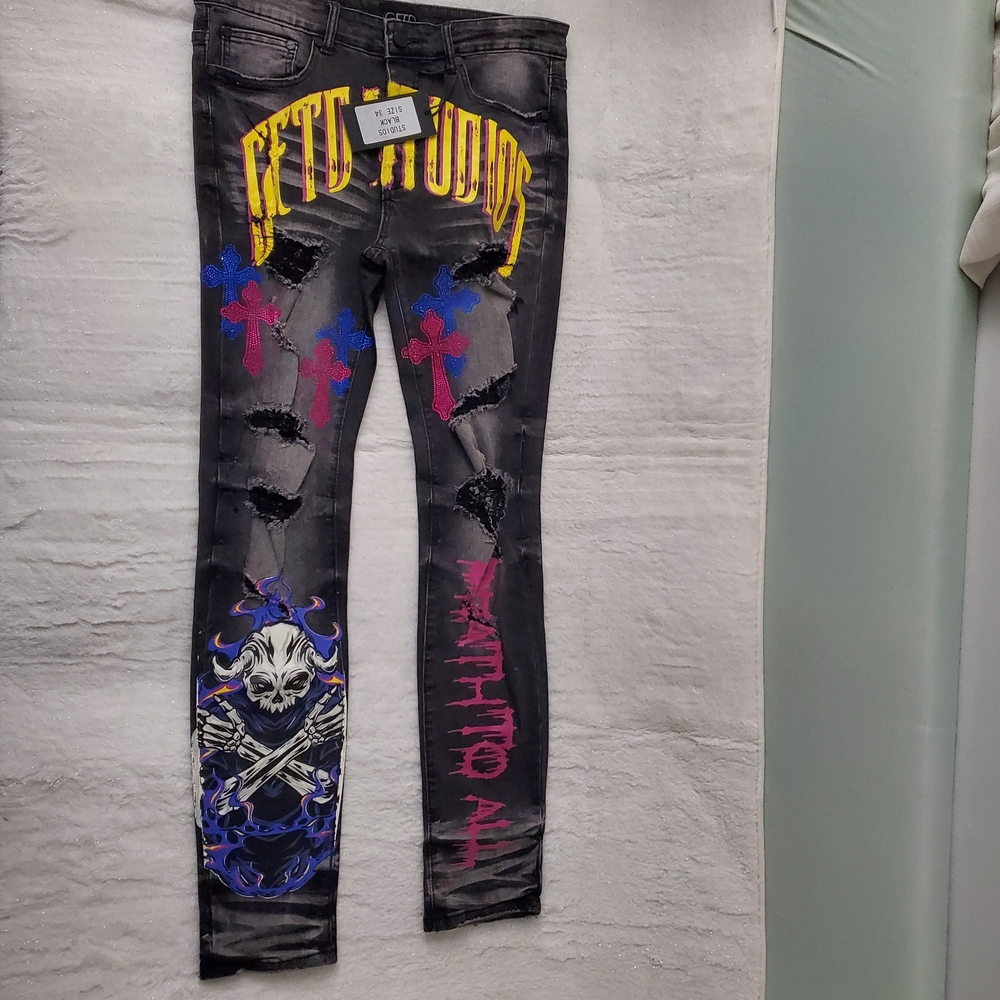 Mens GFTD Hand Painted Colorful Graphic Jeans